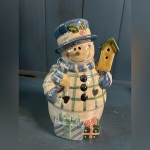 New Crazy Mountain Ceramic Glazed Snowman Holiday Tea Light - Blue, Green, Cream